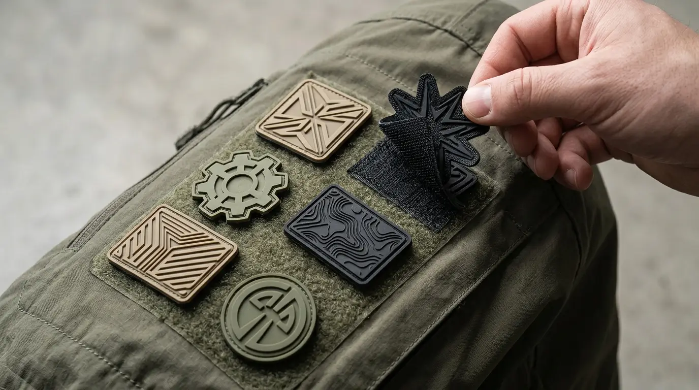 Hook-and-loop backing shown on custom PVC morale patches