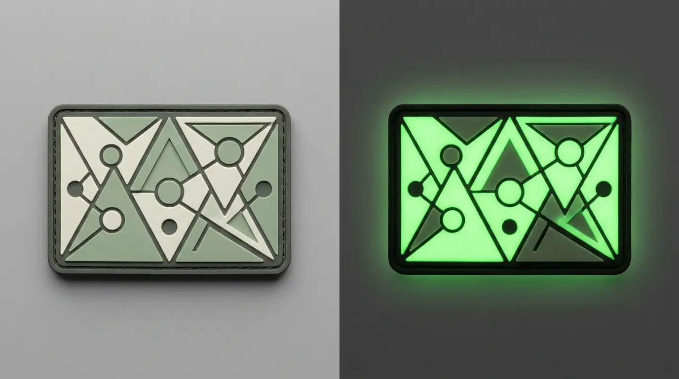 Identical PVC patches shown in daylight and glowing green in darkness