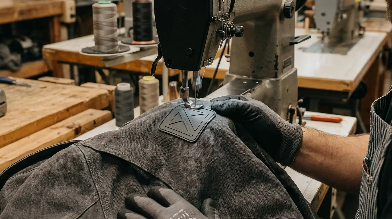 Industrial sewing machine stitching a PVC patch onto a workwear jacket