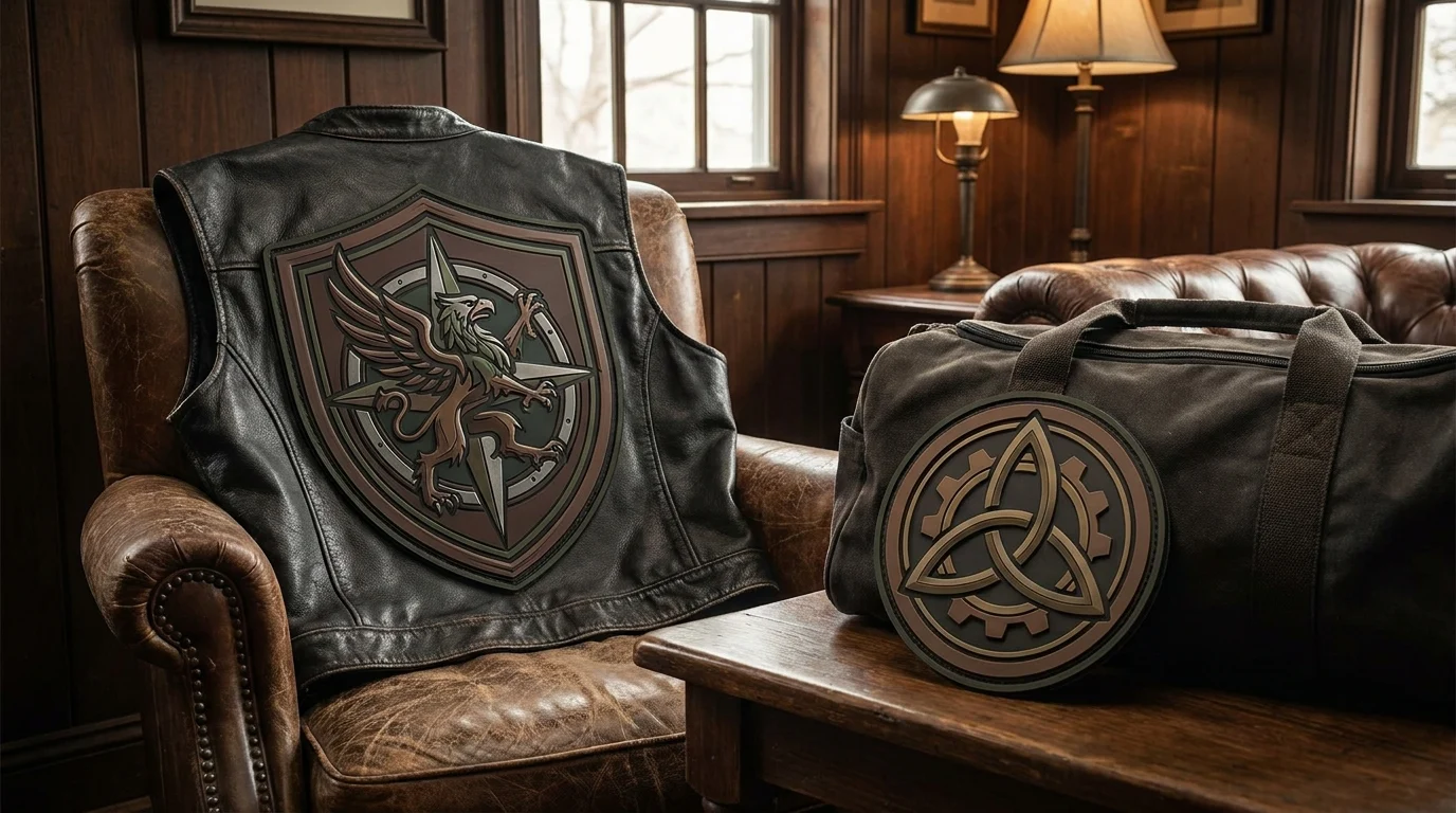 Large custom die-cut PVC back patch on biker vest beside a smaller club patch