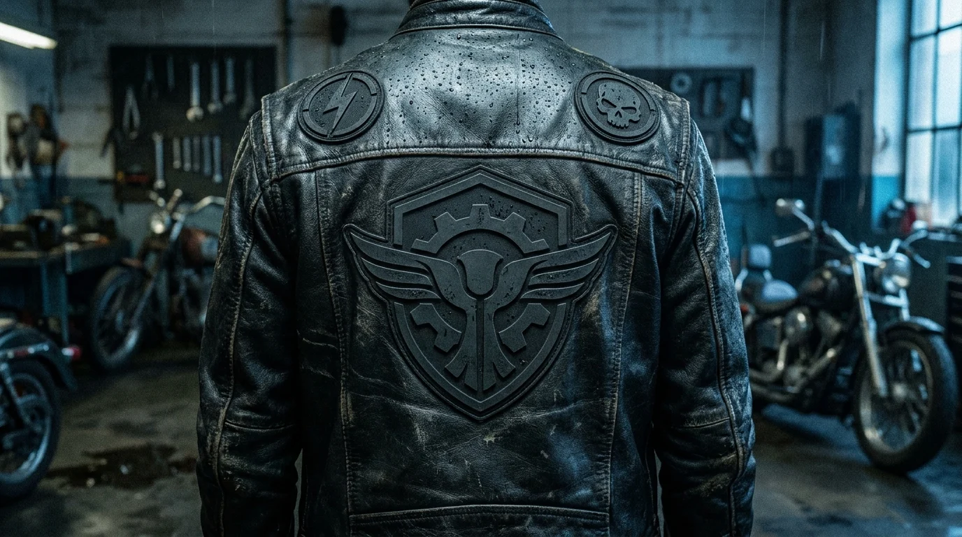 Large die-cut PVC patch on the back of a leather biker vest