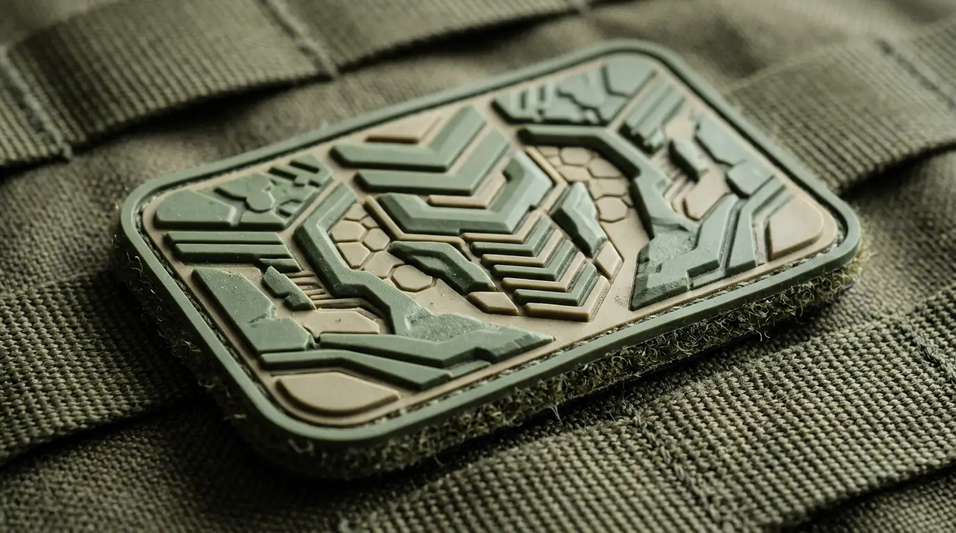 Macro close-up of a 3D moulded PVC airsoft patch with hook-and-loop edge