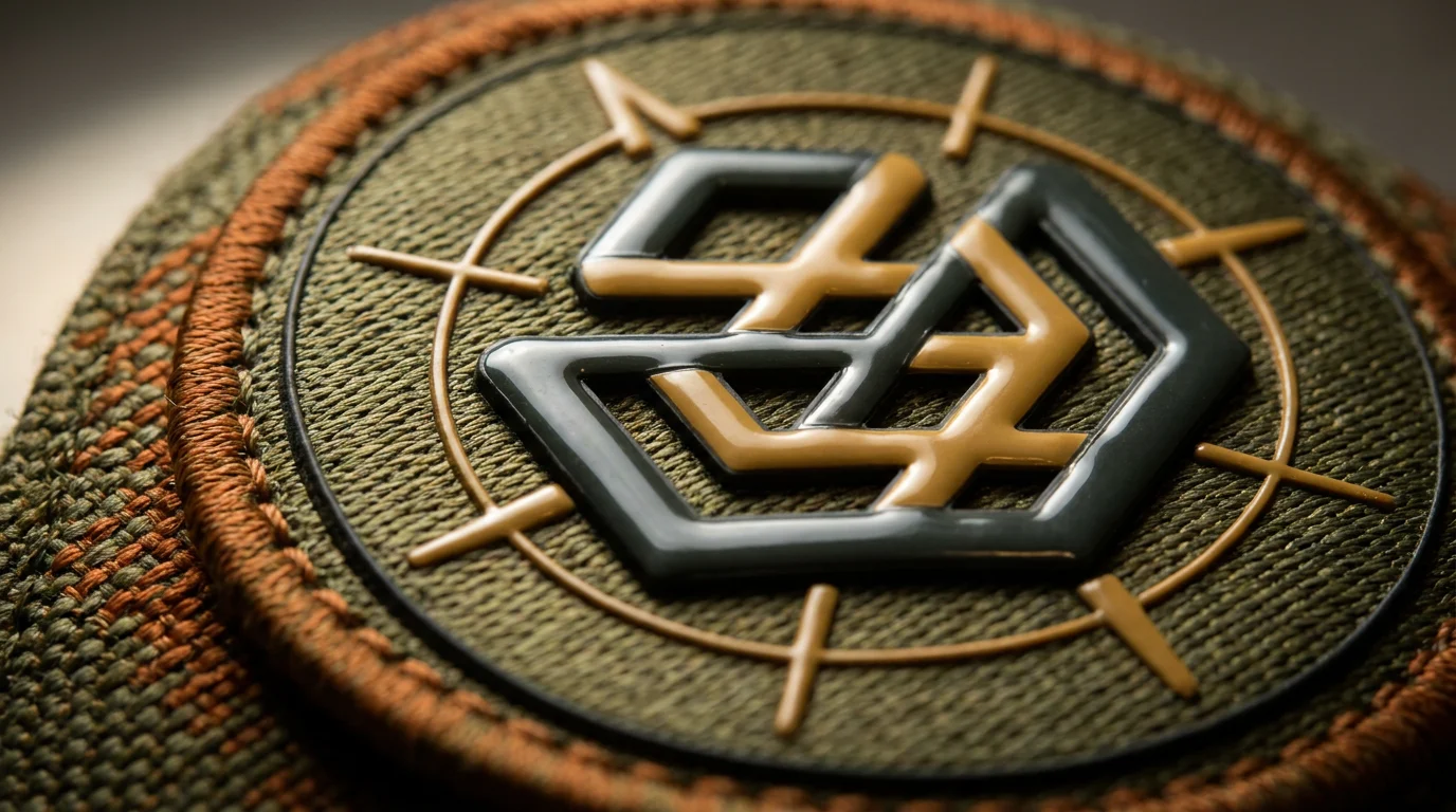 Macro of a hybrid patch combining moulded PVC relief with an embroidered twill base