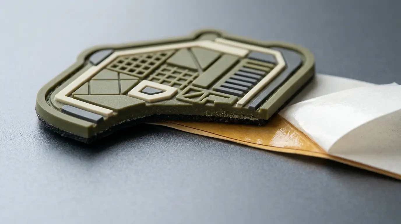 Macro view of a PVC patch body above a thin pressure-sensitive adhesive layer