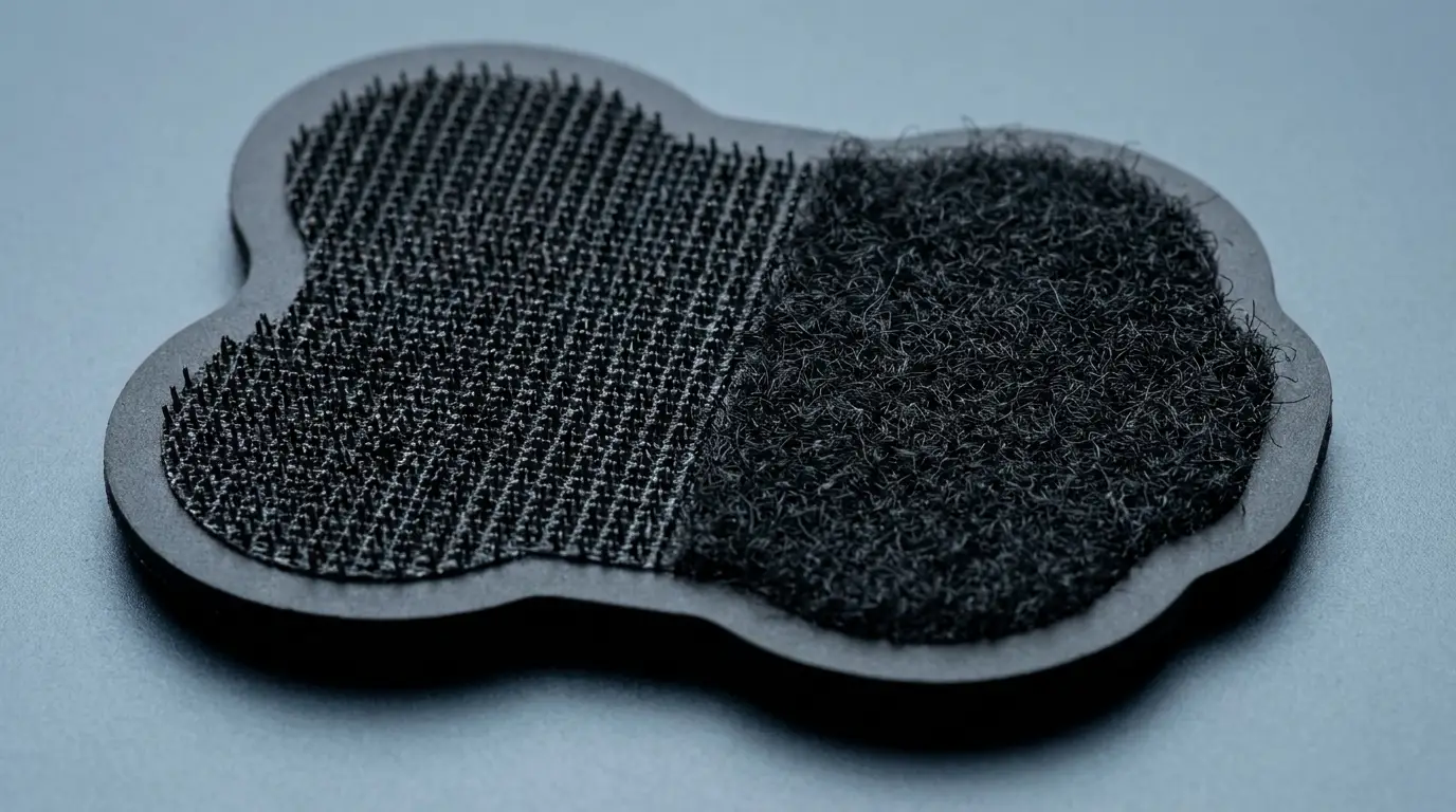 Macro view of PVC patch hook backing beside a soft loop field