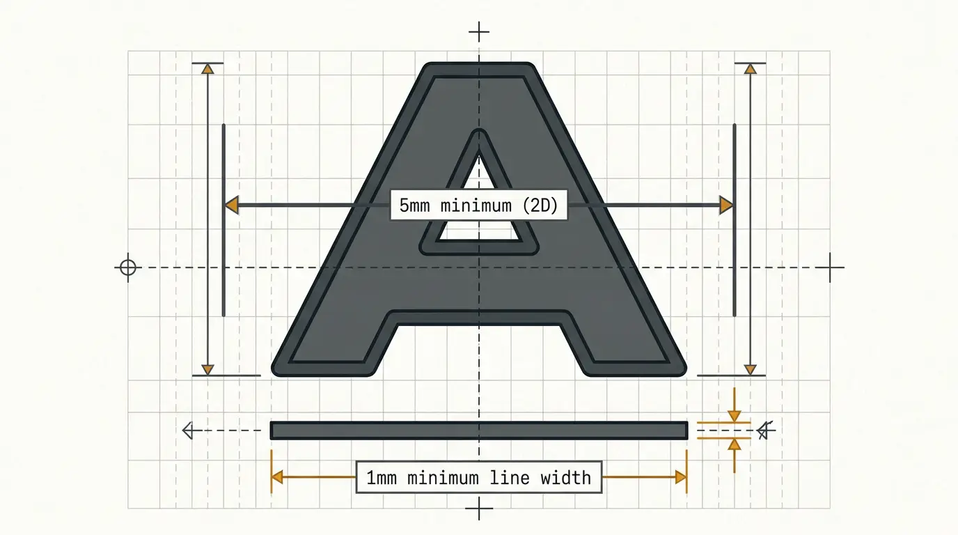 Measurement diagram annotating minimum 5mm text height and 1mm line width on a moulded patch