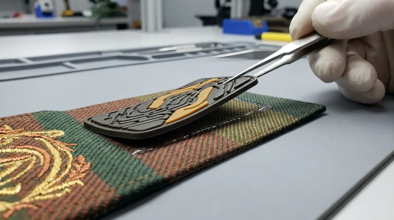 Moulded PVC element being bonded onto an embroidered twill base