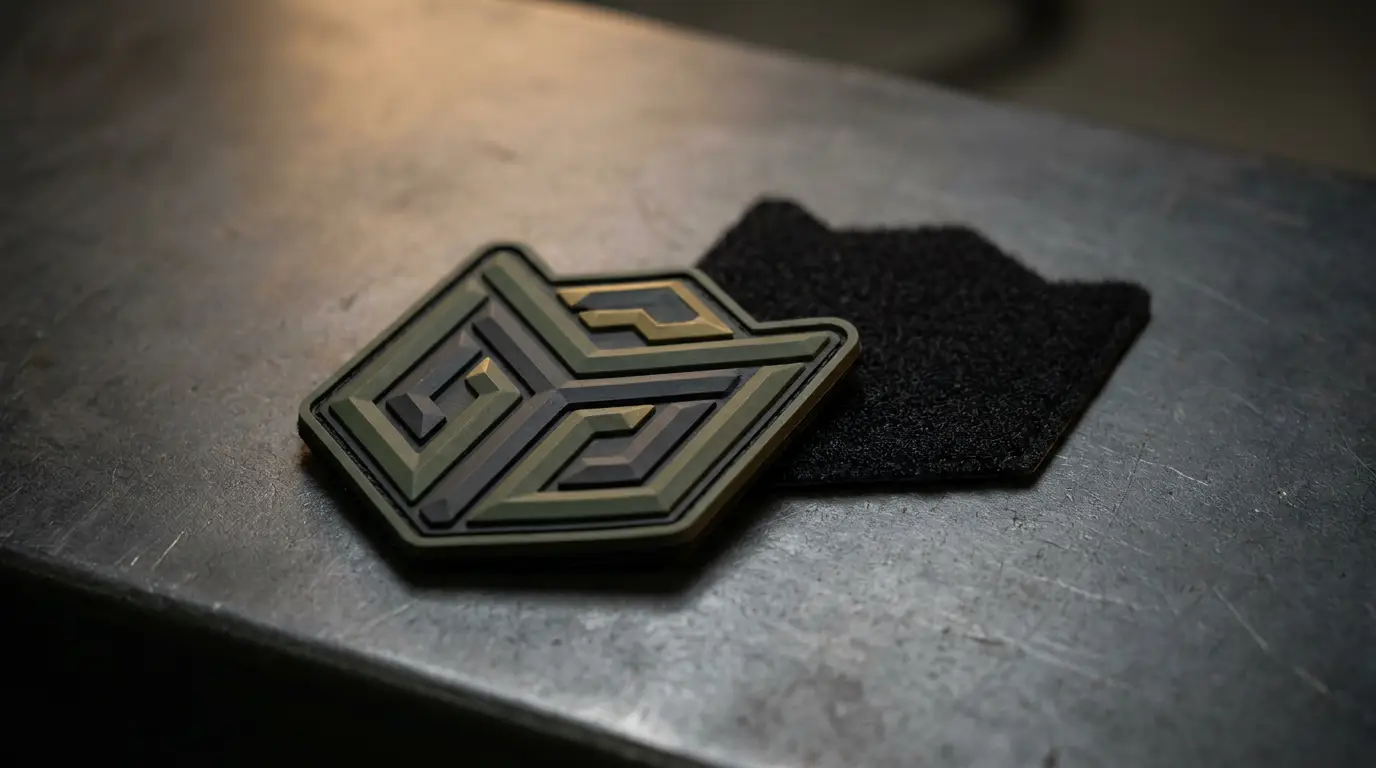 Moulded PVC patch beside its black hook-and-loop backing panel on a dark workbench