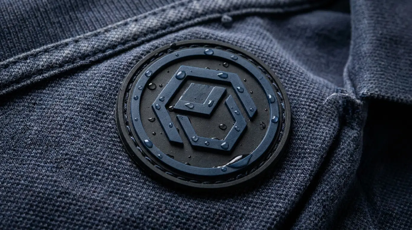 Moulded workwear PVC badge stitched onto a laundered polo shirt with water droplets