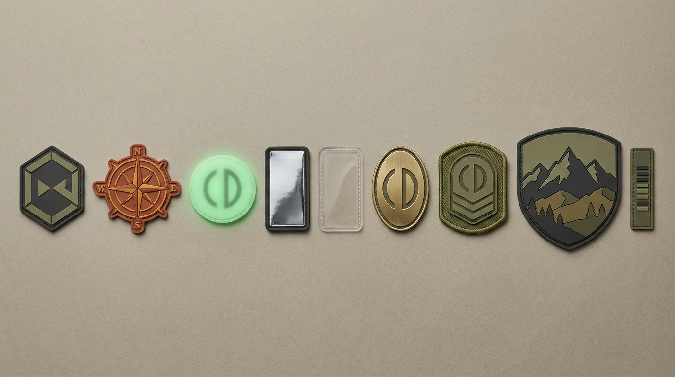 Nine types of custom PVC patch shown side by side on a neutral studio backdrop