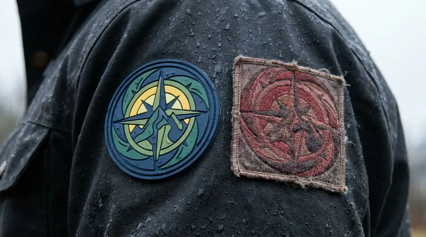 Outdoor PVC patch and embroidered patch compared side by side after wet weather exposure