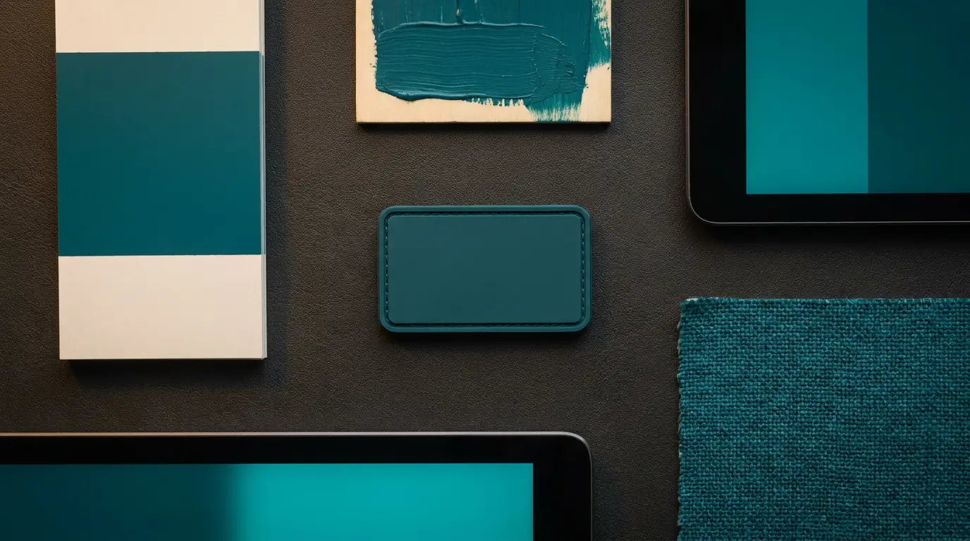 Pantone, digital and physical colour references arranged around a matched PVC patch