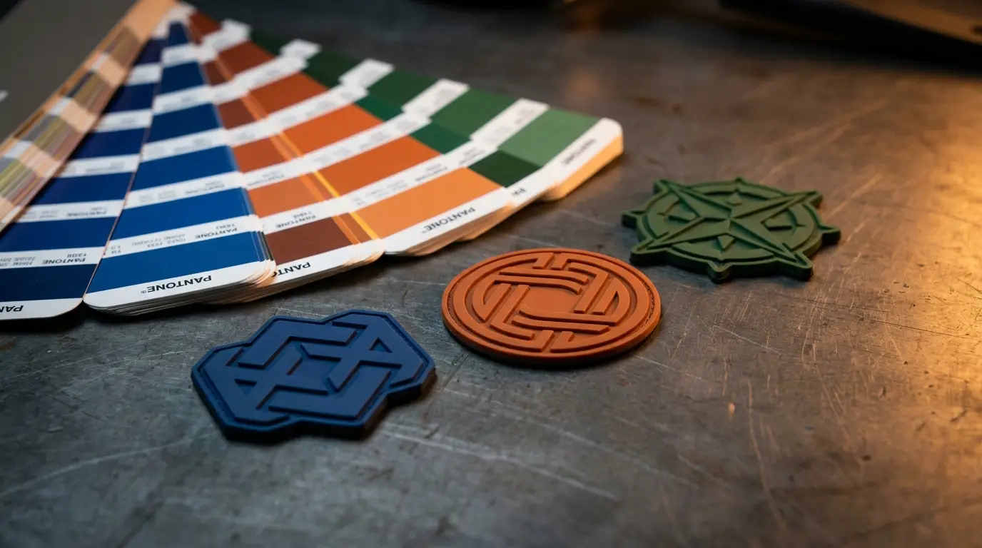 Pantone-style colour swatch fan beside colour-matched moulded PVC patches