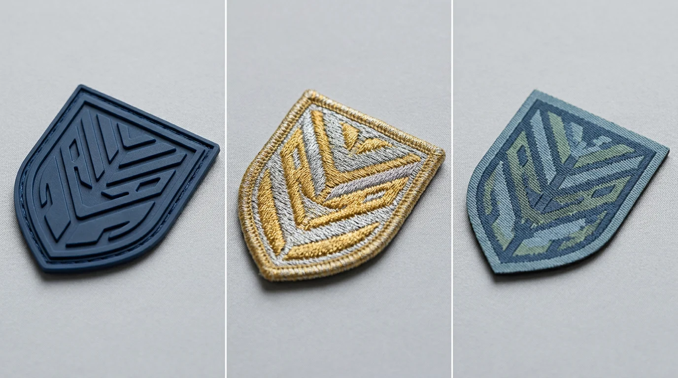 PVC, embroidered and woven patches compared side by side