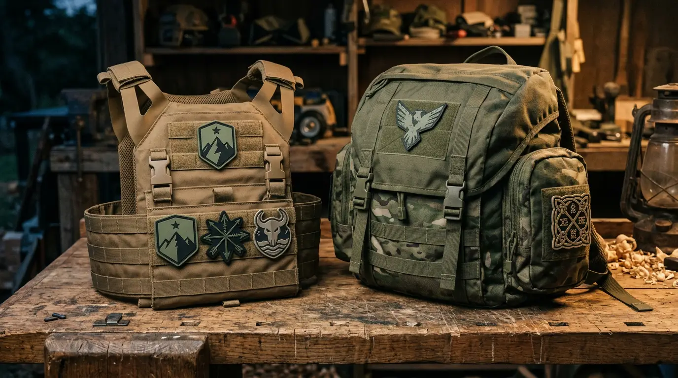 PVC morale patches attached to a plate carrier and outdoor rucksack