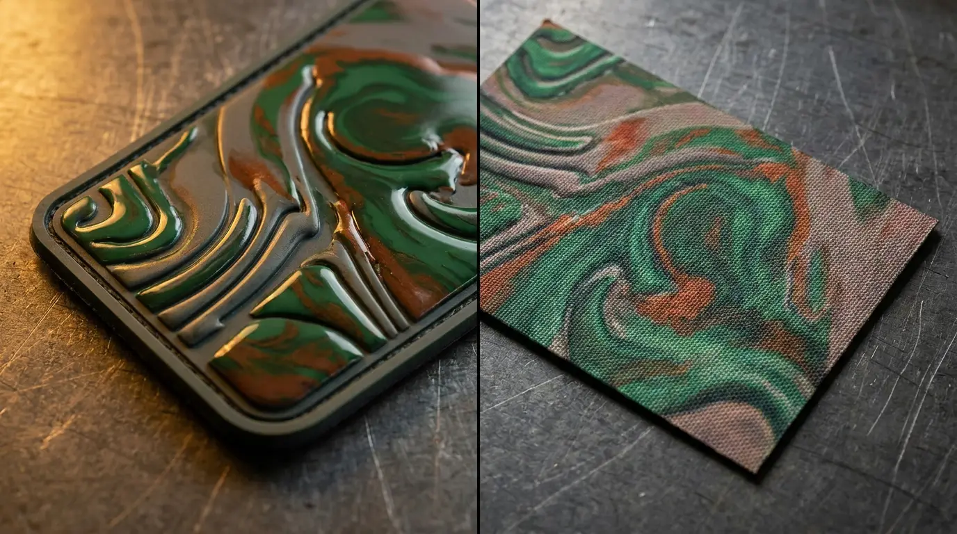 PVC moulded relief compared with a flat printed fabric patch