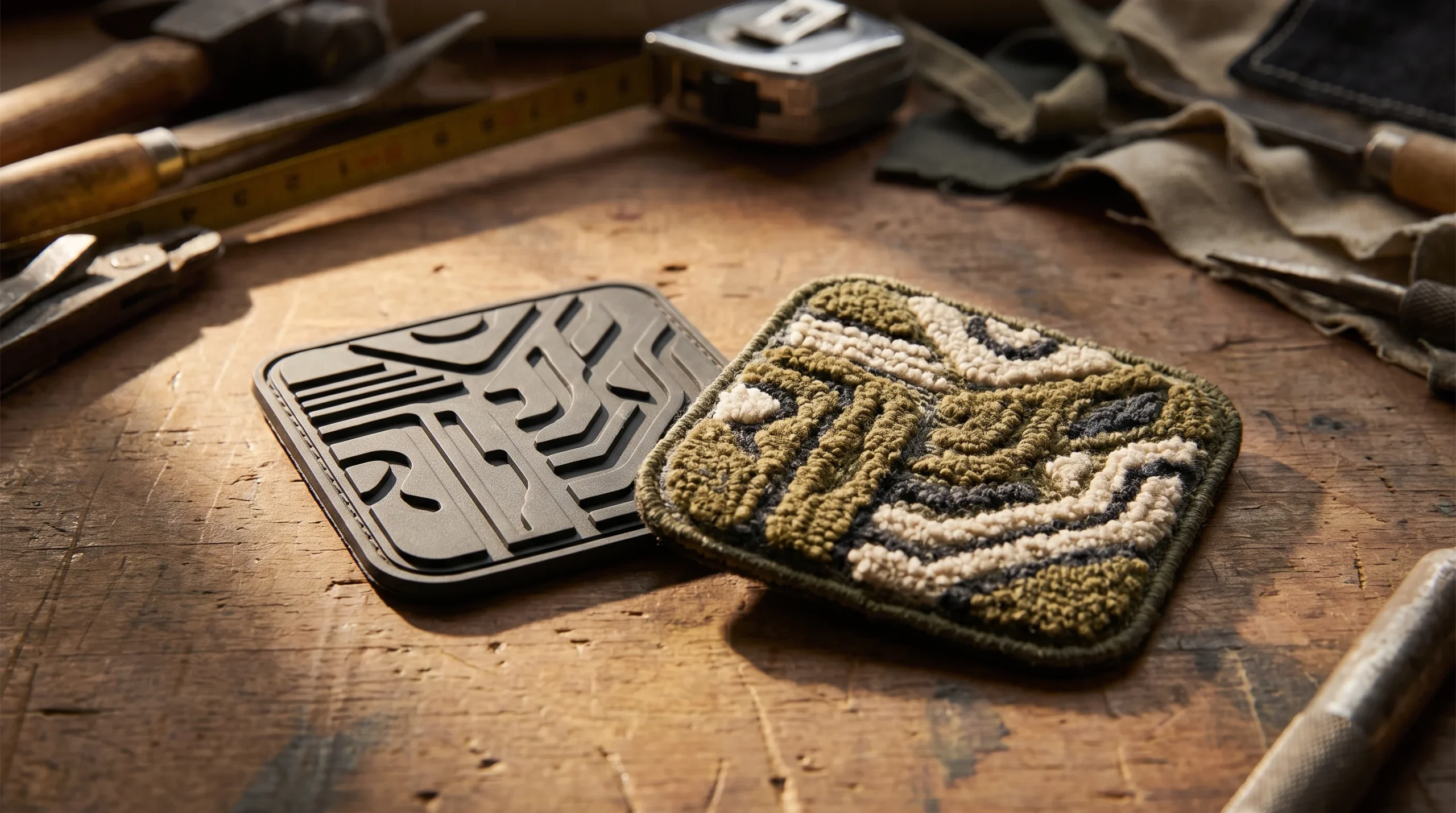 PVC patch and chenille patch side by side showing smooth moulded rubber and plush yarn textures
