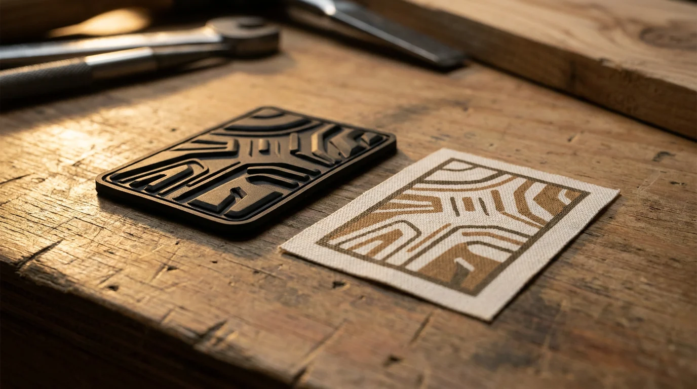 PVC patch and printed patch compared side by side on a workbench