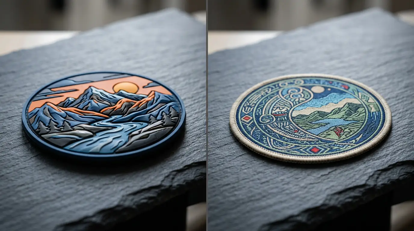 PVC patch and woven patch shown side by side for comparison