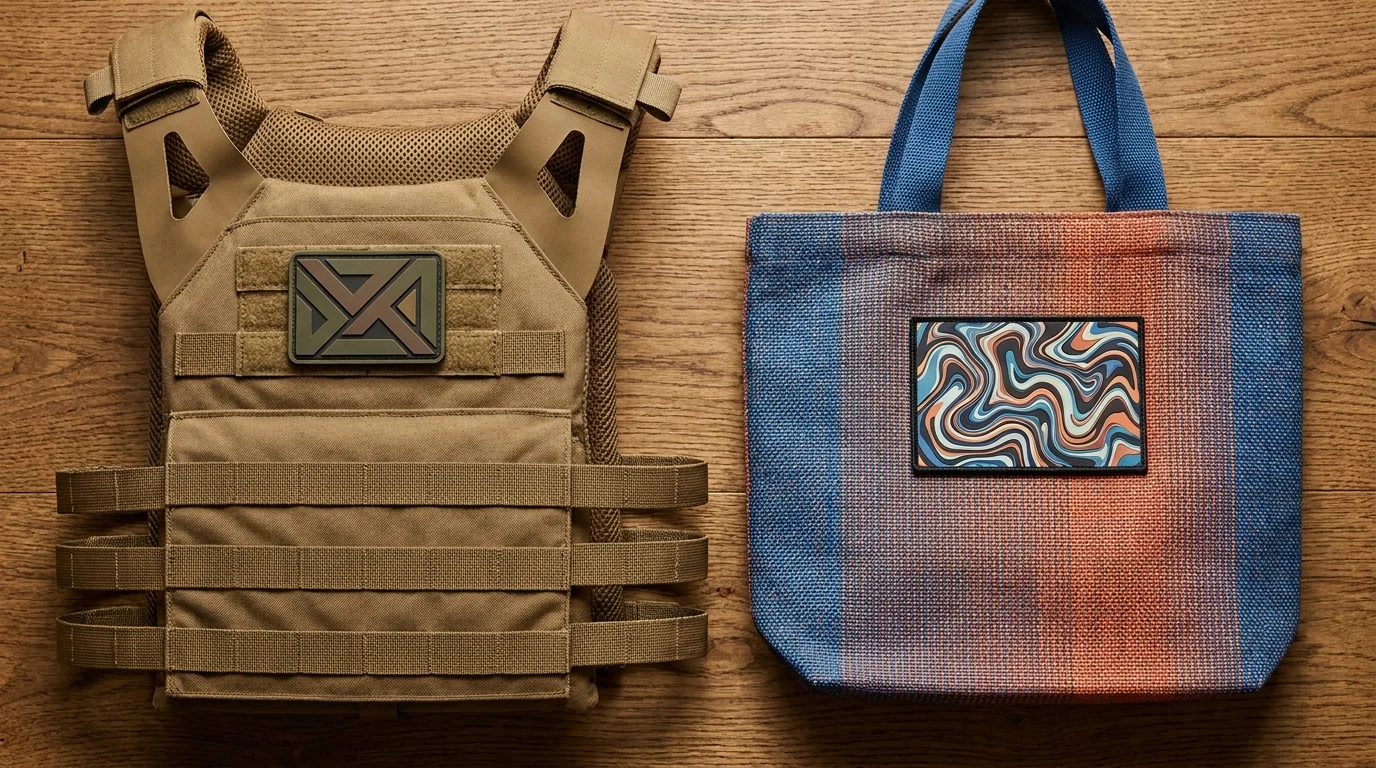 PVC patch on tactical gear beside a printed patch on event kit