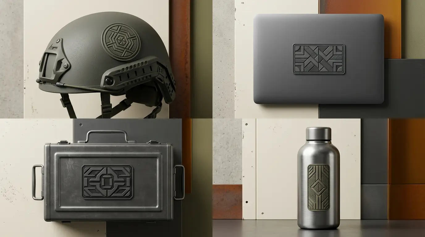 PVC patches applied to a helmet, laptop, metal toolbox and stainless water bottle