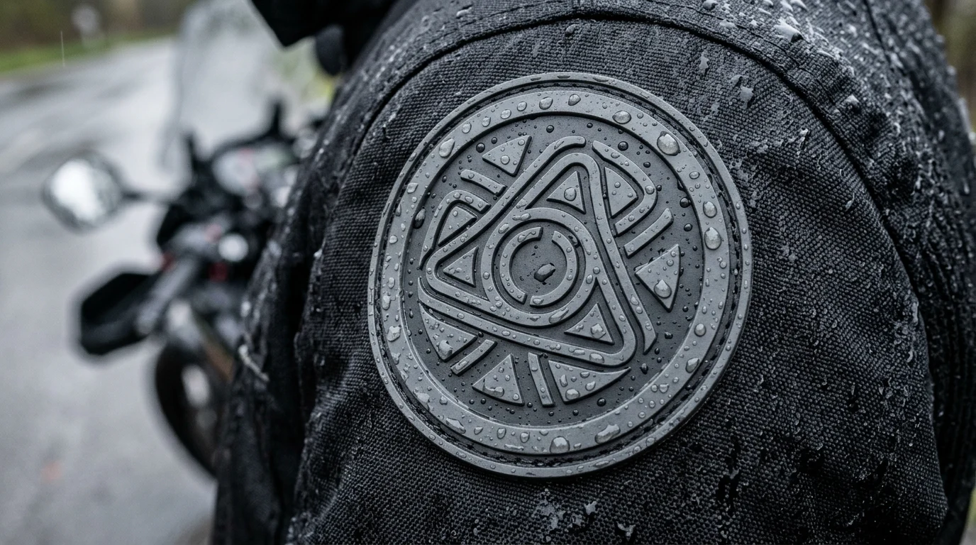 Rain beading on a moulded PVC patch attached to a wet motorcycle jacket