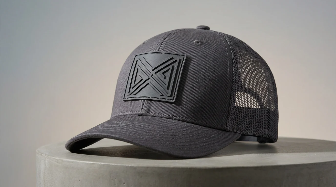 Raised PVC patch on the front panel of a trucker cap
