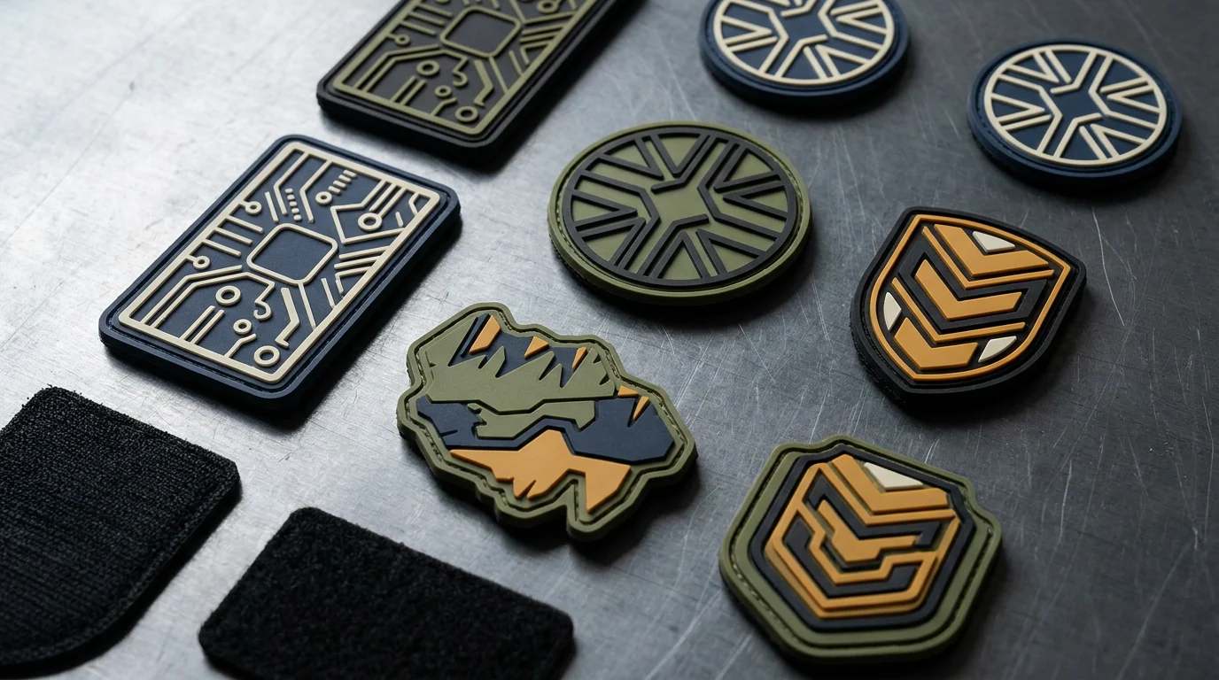 Range of custom PVC patches in 2D and 3D relief on a workbench