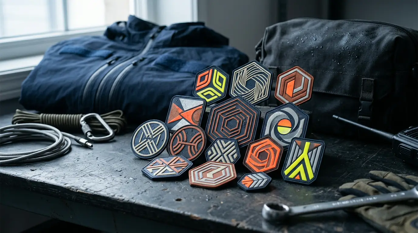 Reflective and high-visibility emergency services PVC patches on a technical workbench