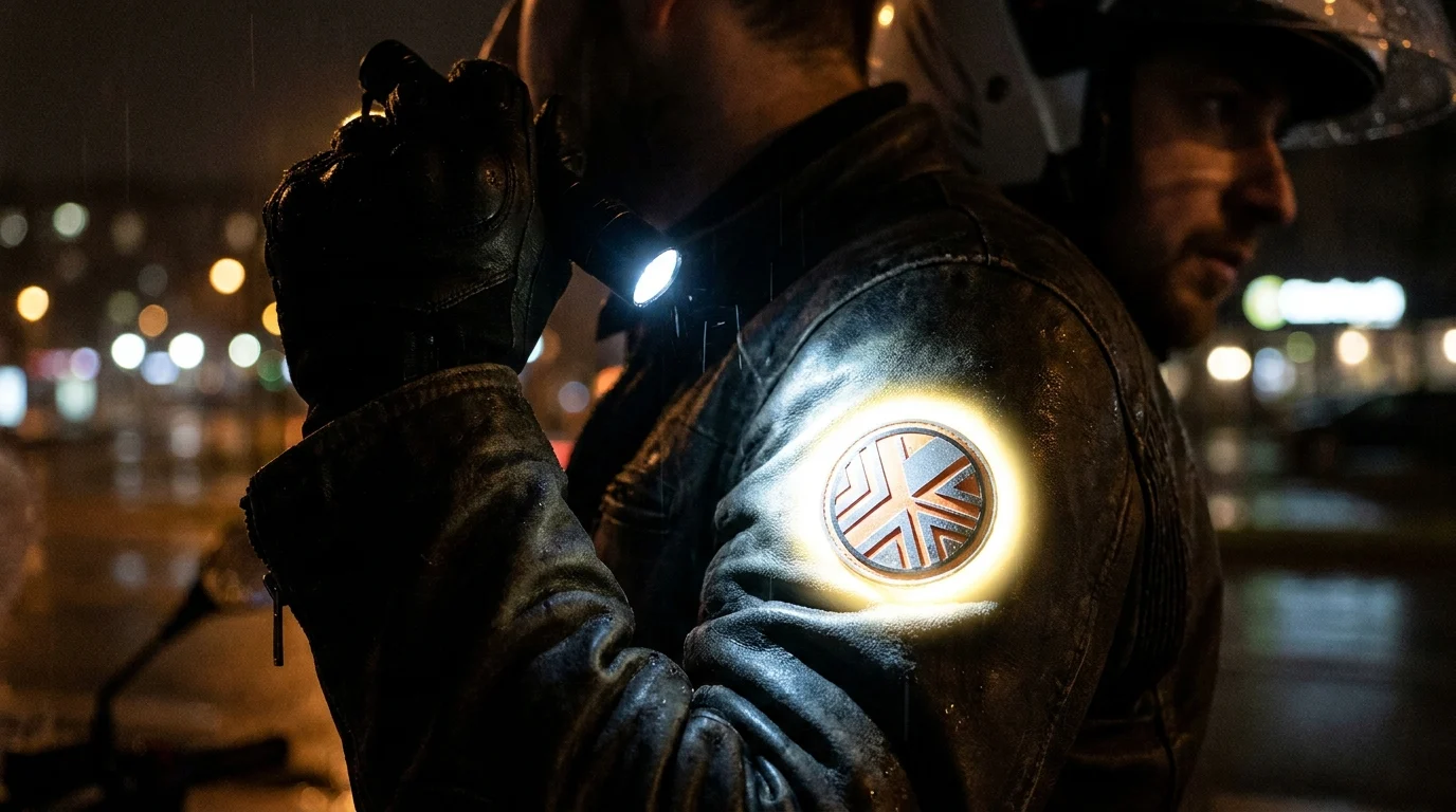 Reflective PVC patch on a motorcycle jacket sleeve returning torchlight at night