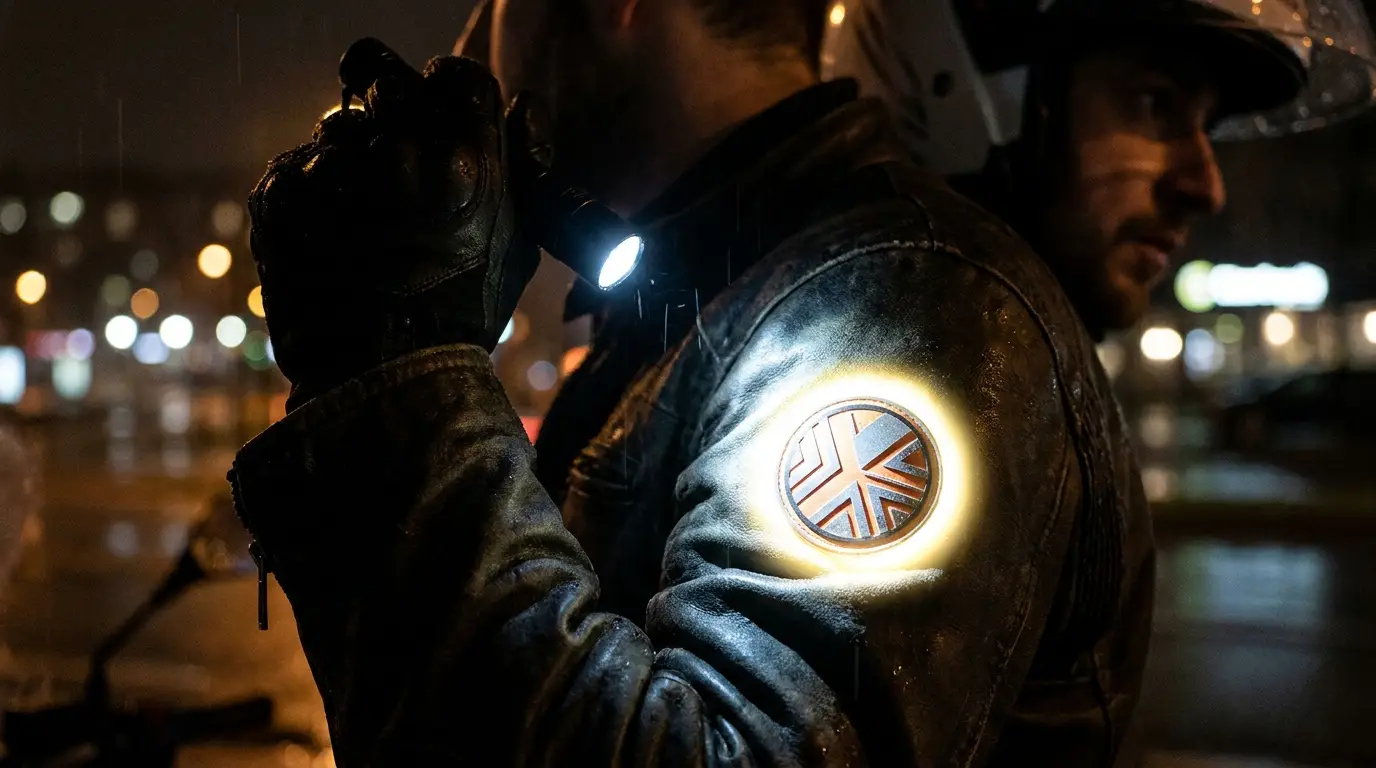 Reflective PVC patch returning bright light on dark outerwear at night