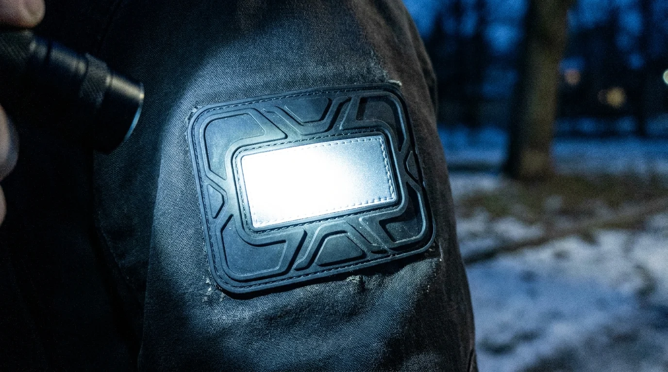 Reflective PVC patch returning torchlight on a jacket sleeve