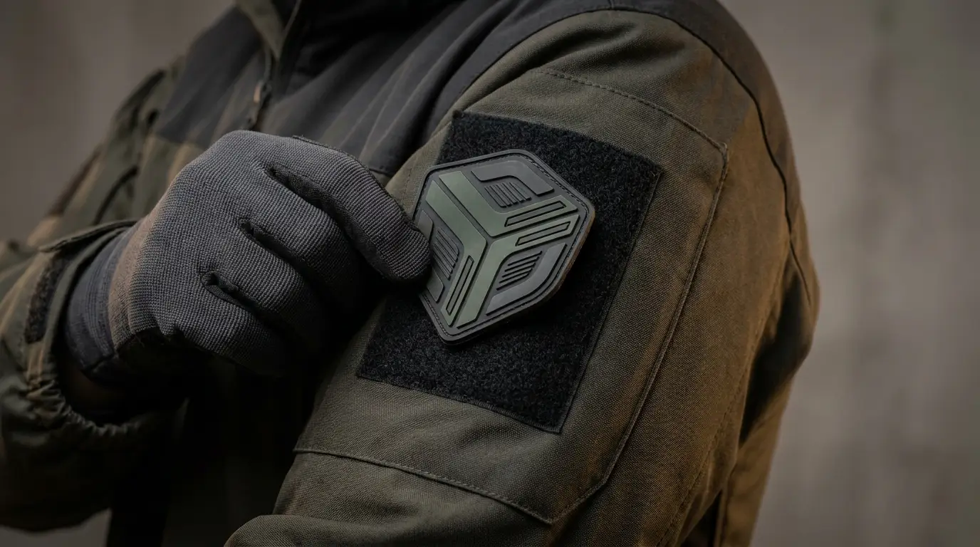 Removable PVC patch being lifted from a hook-and-loop panel on a uniform sleeve