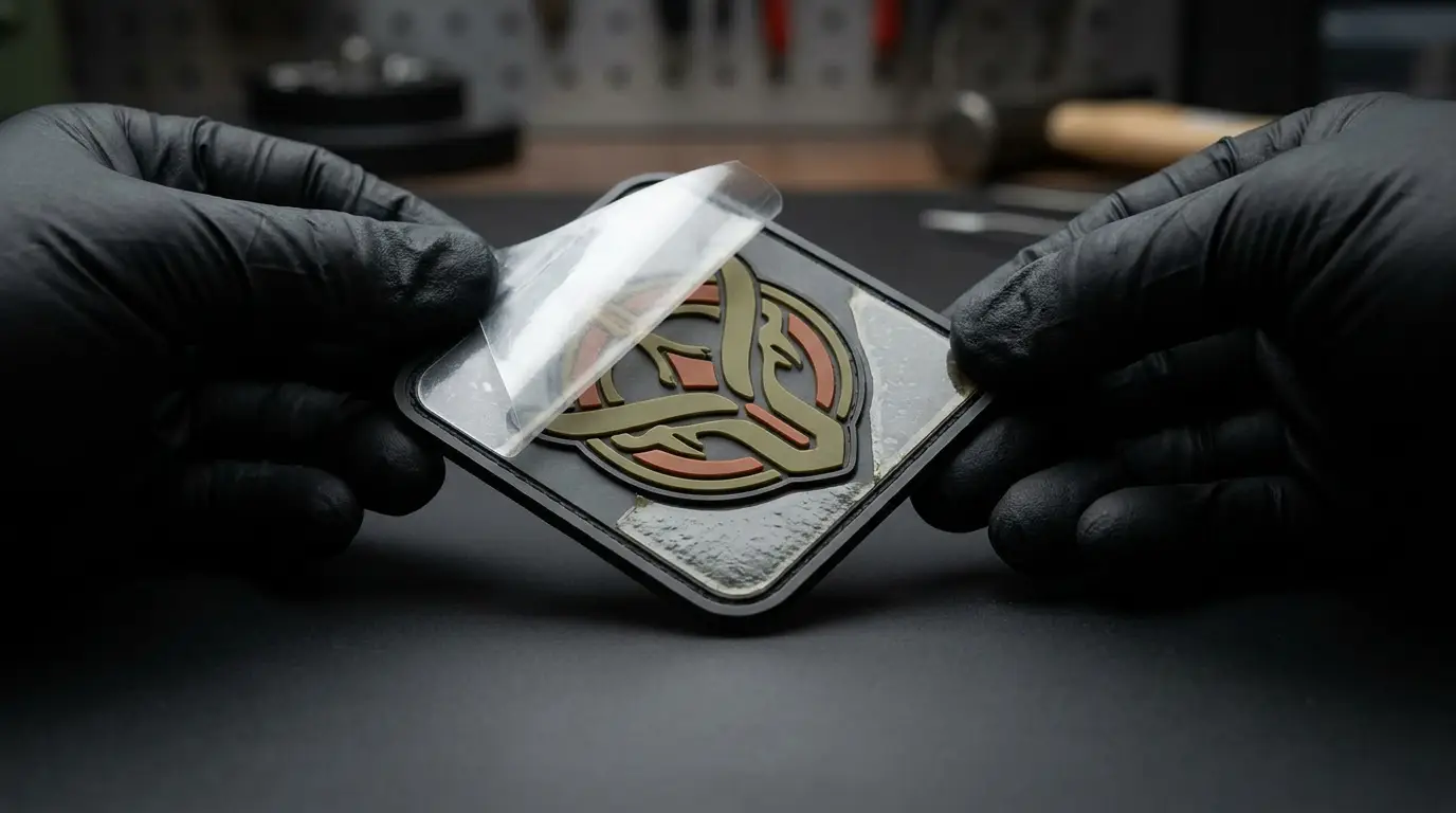 Reverse of a moulded PVC patch with adhesive release liner being peeled back
