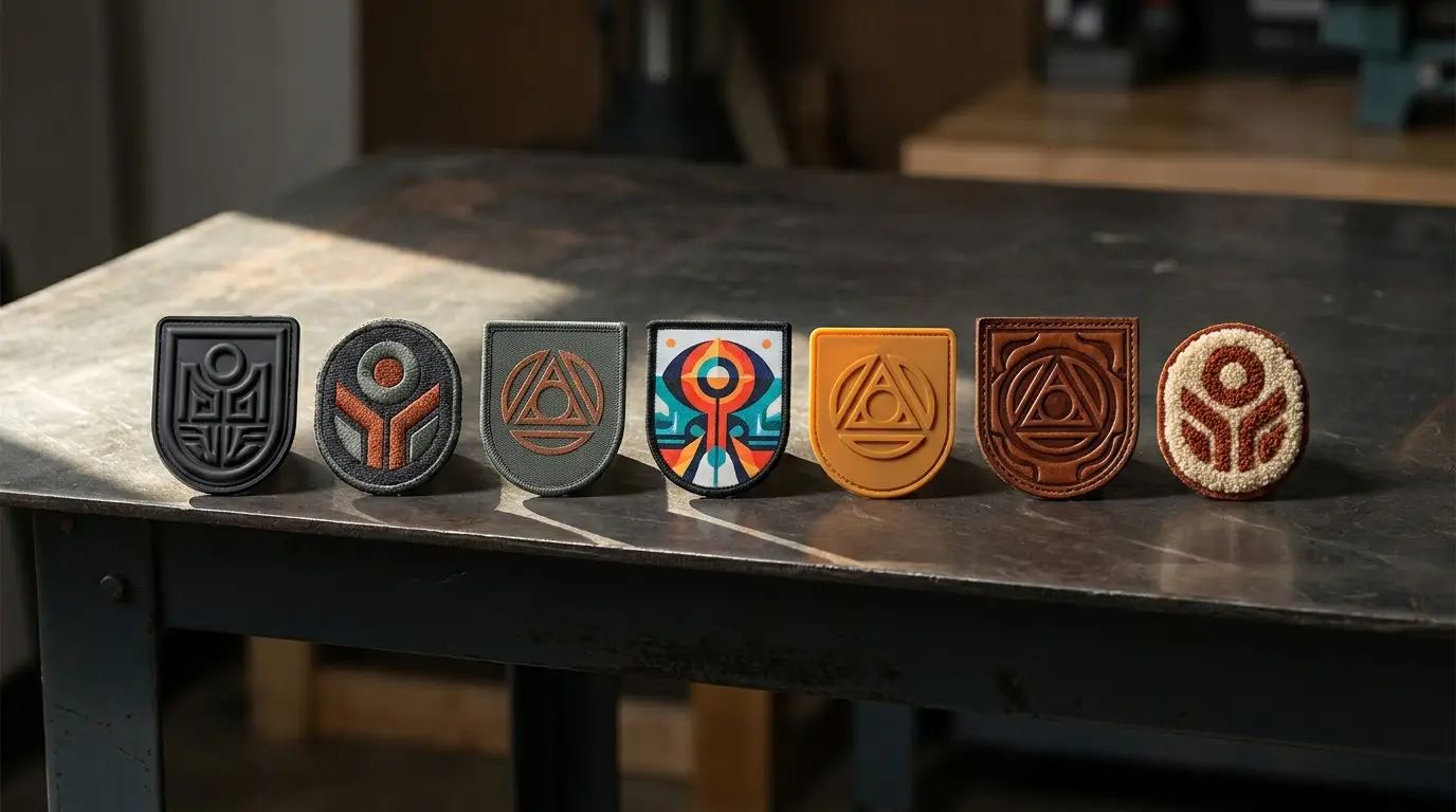 Seven custom patch types arranged on a dark gunmetal workbench