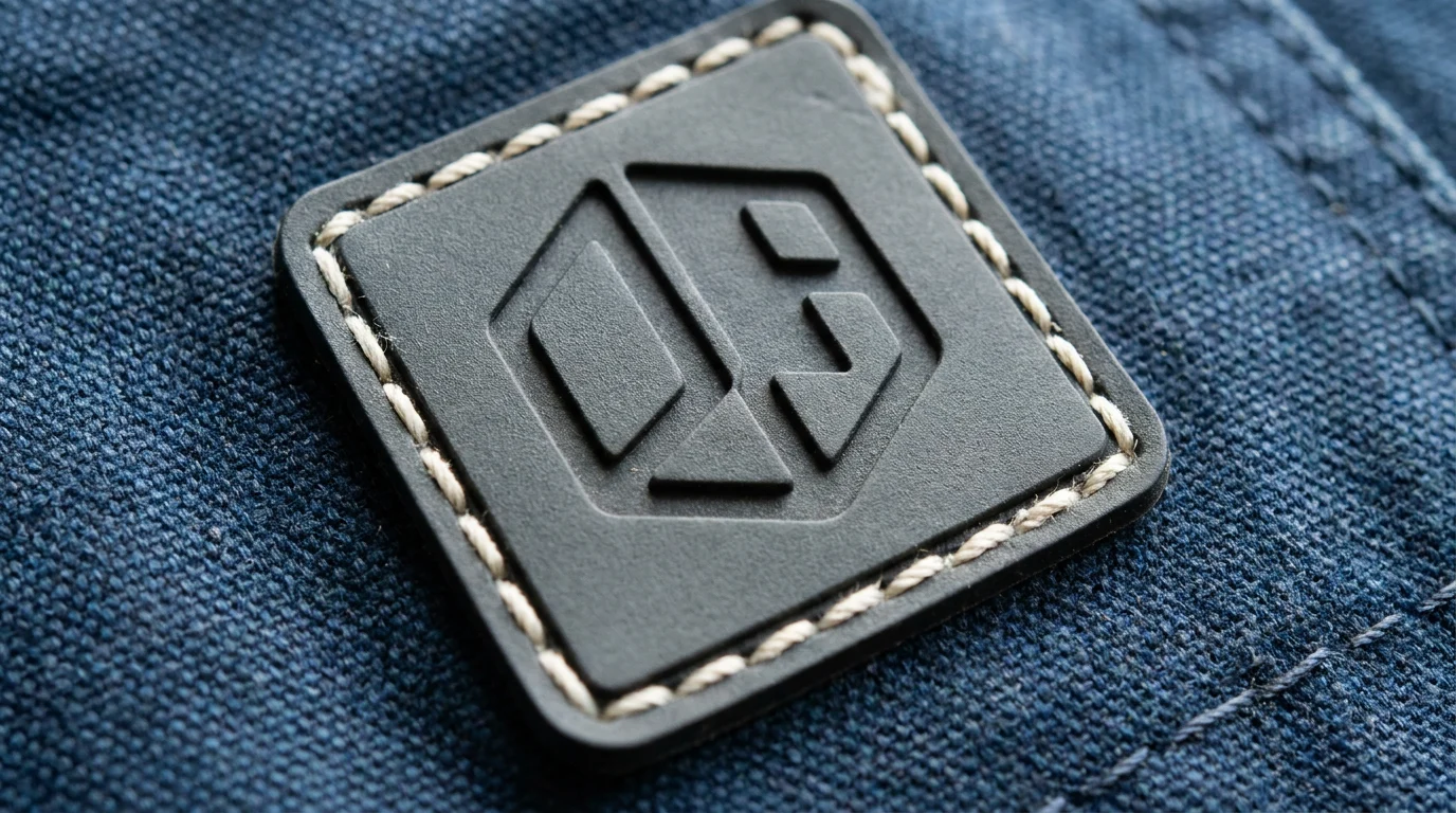 Sew-on PVC patch stitched onto a workwear jacket
