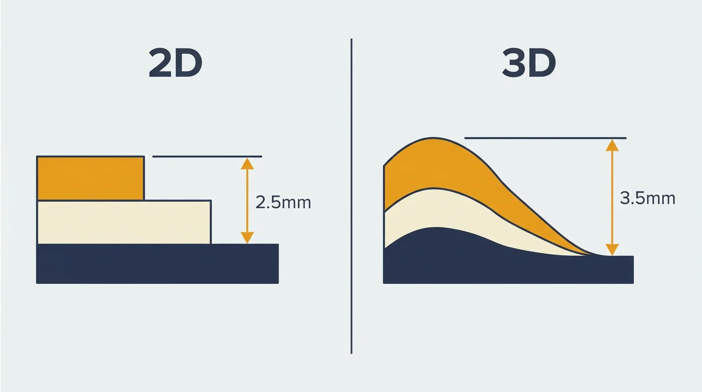 Side-profile comparison of 2D and 3D PVC patch construction