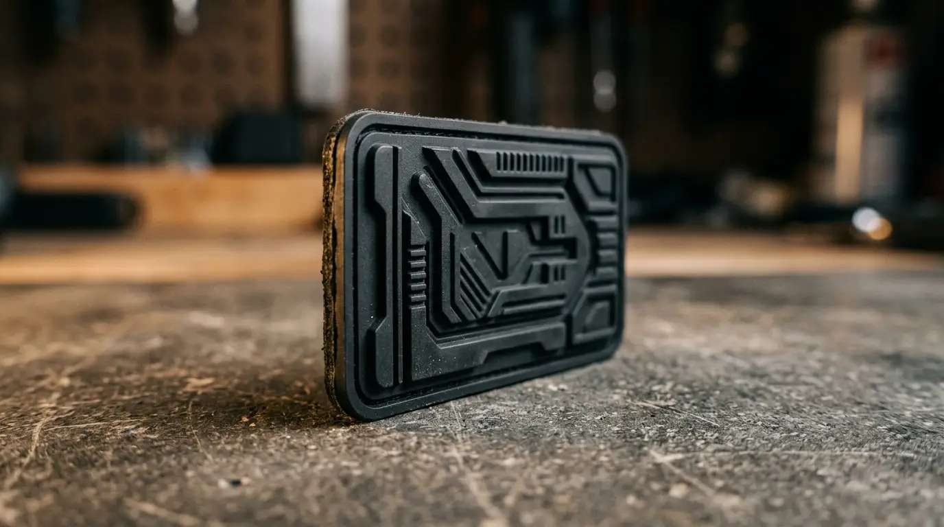 Side profile of a moulded PVC patch showing its vertical thickness