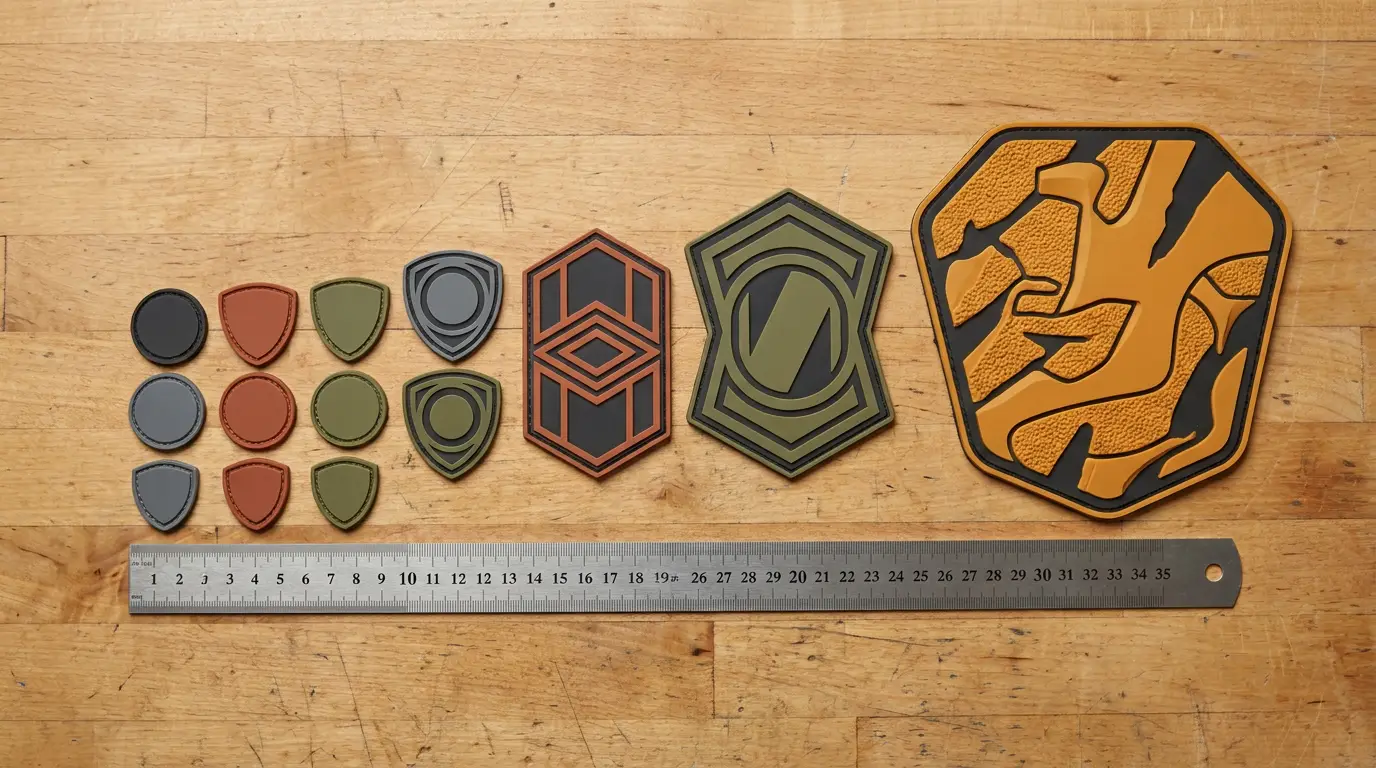 Size and shape range of custom sports PVC patches from cap-front badges to large back patches