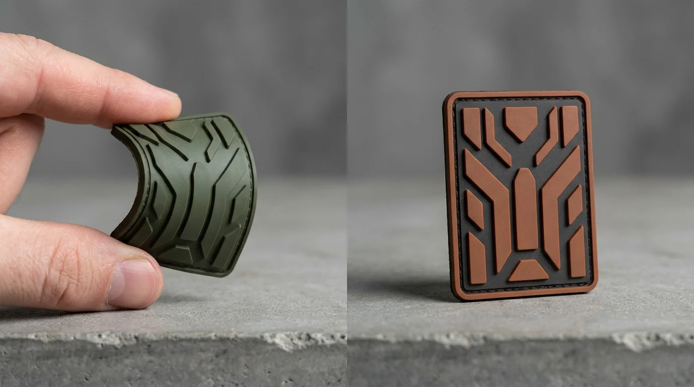 Soft flexible PVC patch beside a rigid hard PVC moulded emblem