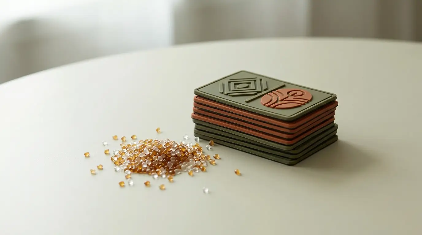 Soft PVC patches beside translucent PVC polymer granules in a clean studio setting