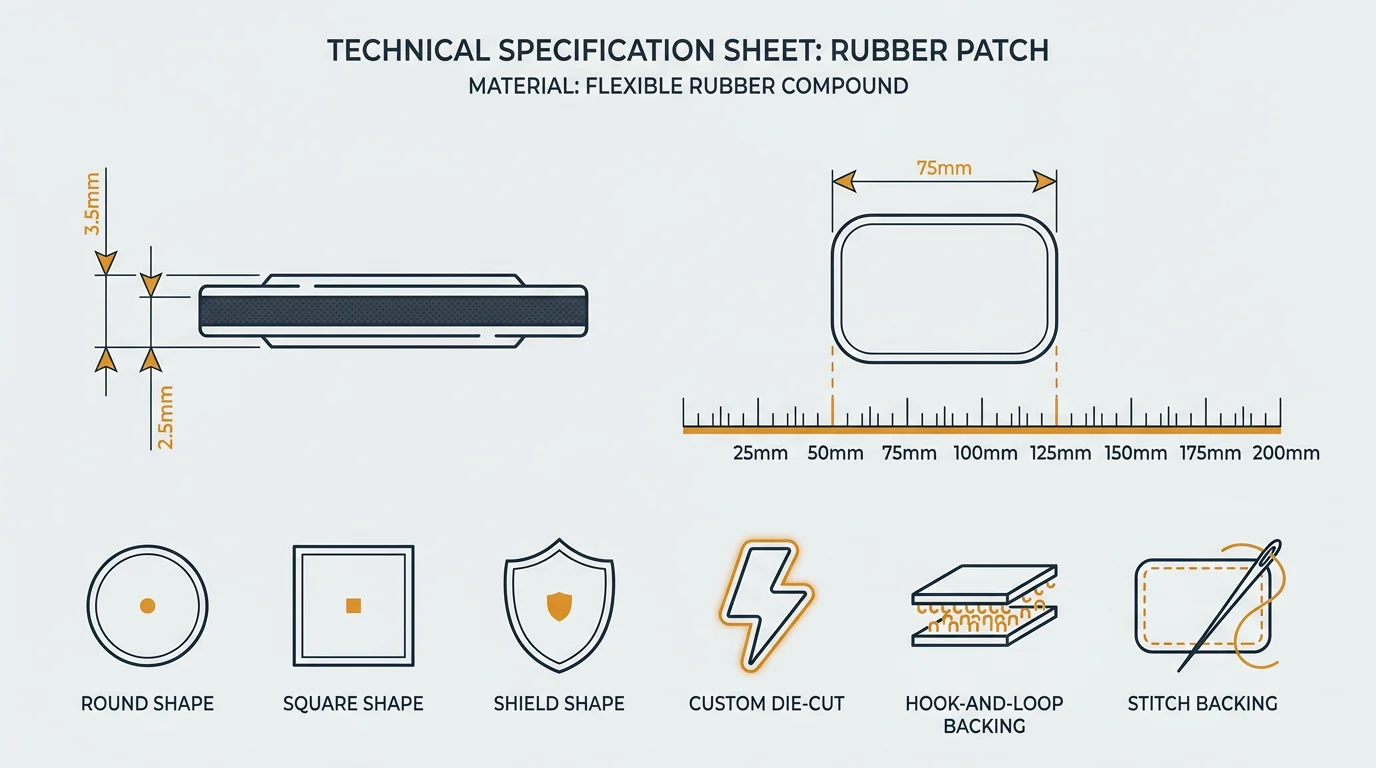 Specification chart for custom PVC patches showing thickness, size and backing options