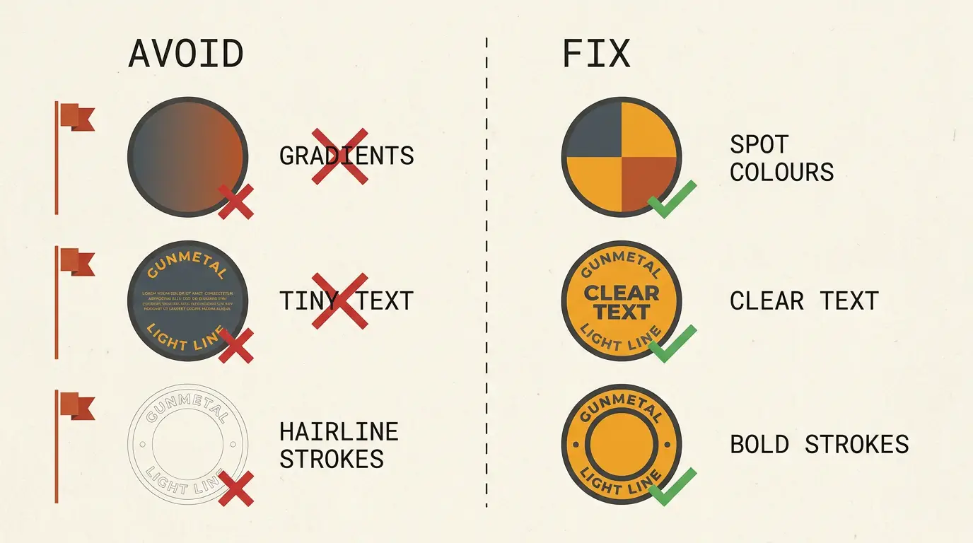 Split infographic showing common PVC patch artwork errors and their corrected versions