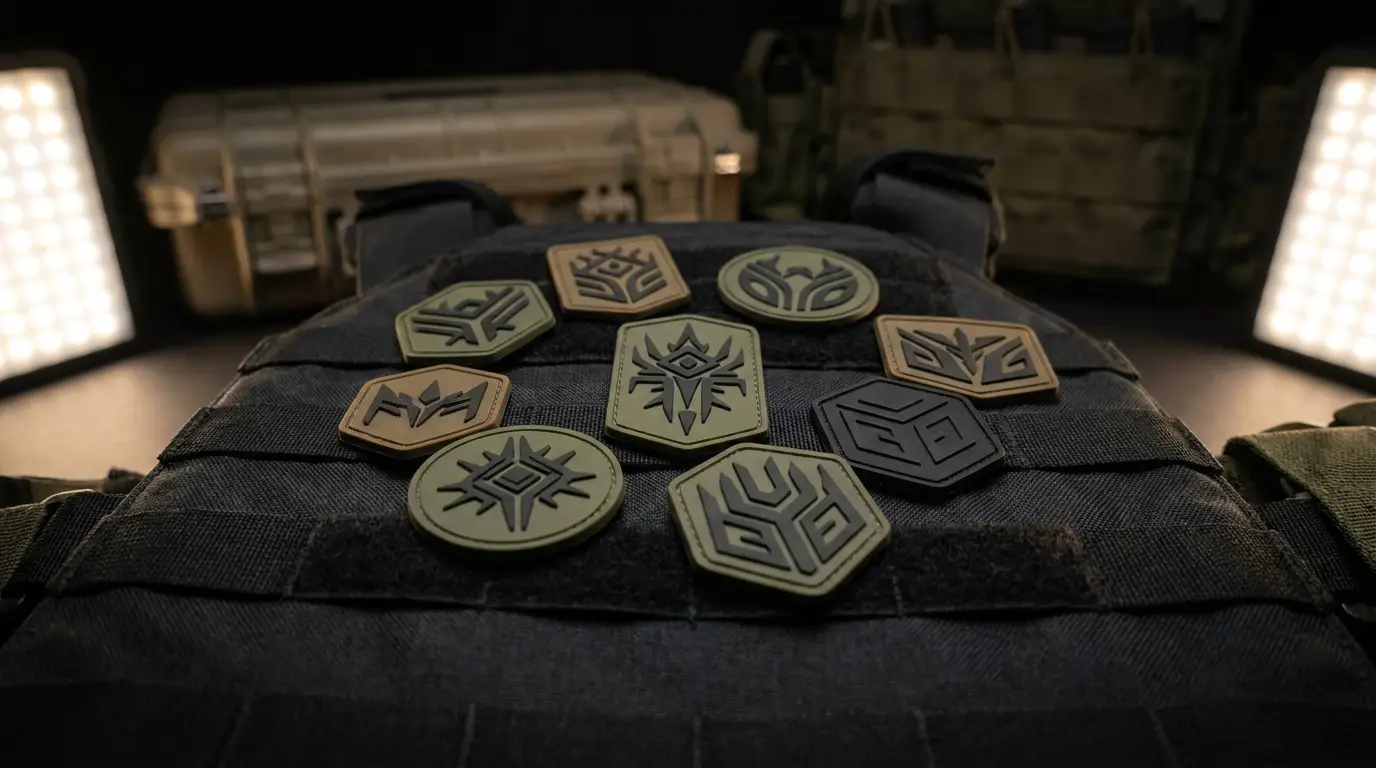 Subdued custom PVC airsoft morale patches on a MOLLE plate carrier panel
