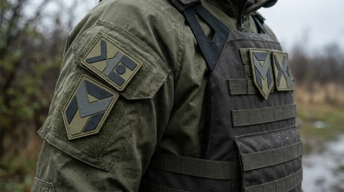 Subdued low-contrast morale PVC patches on tactical gear