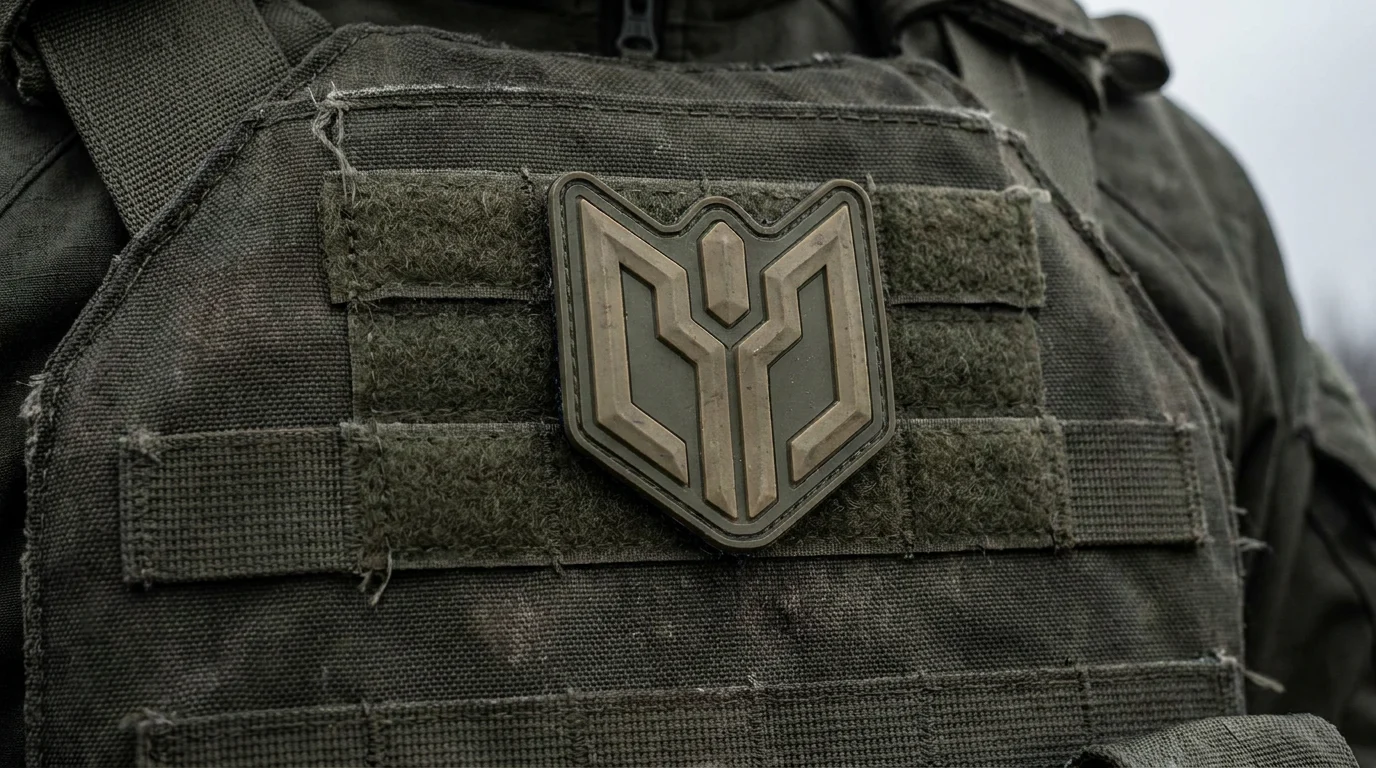 Subdued PVC morale patch on tactical plate carrier with hook-and-loop backing