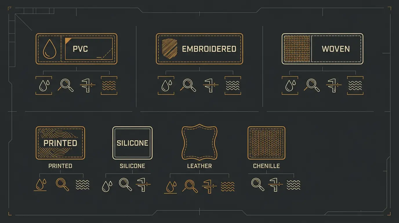 Technical diagram comparing PVC, embroidered, woven, printed, silicone, leather and chenille patches