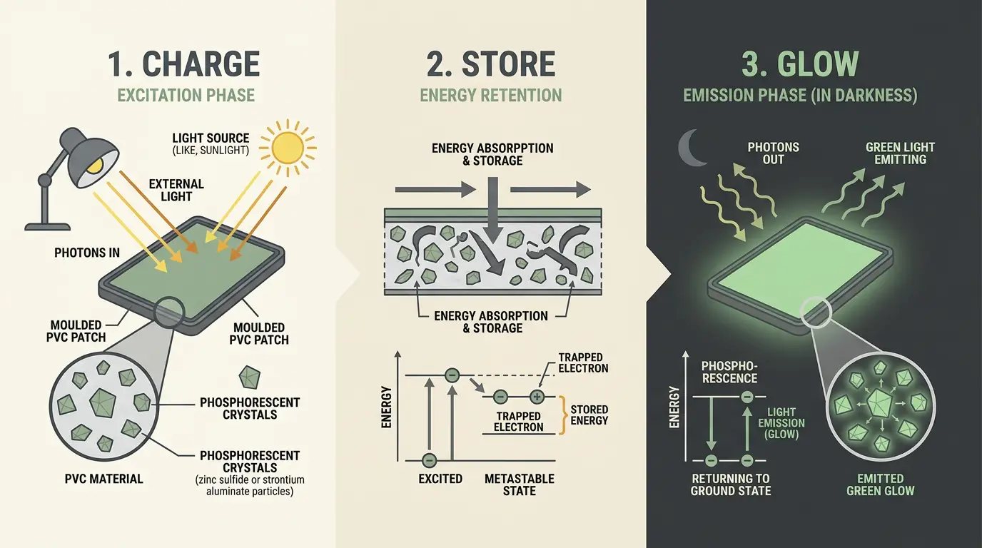 Technical diagram showing charge, store and glow stages for a phosphorescent PVC patch