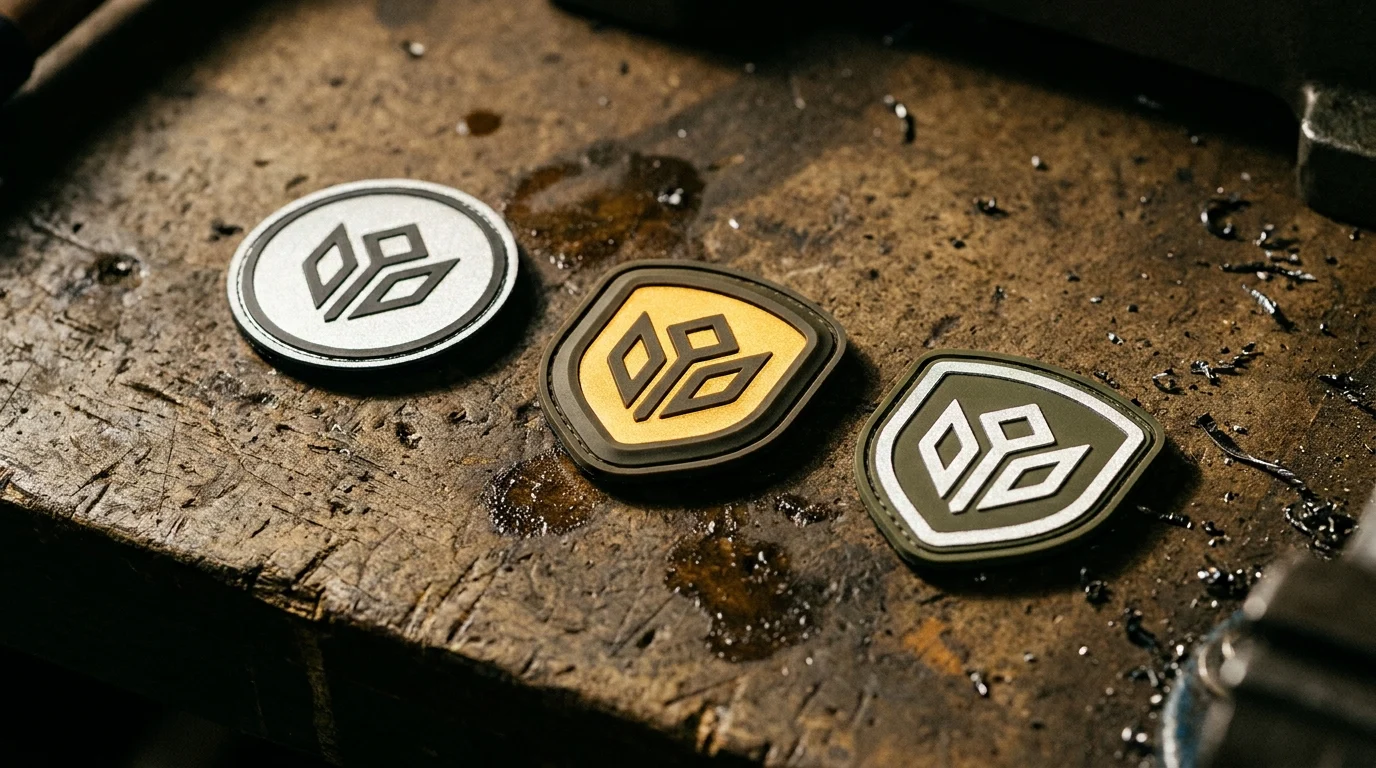 Three custom reflective PVC
patches displayed in a row on a workbench: a full reflective-face patch,
a patch with a reflective inset panel framed by moulded rubber, and a
patch whe