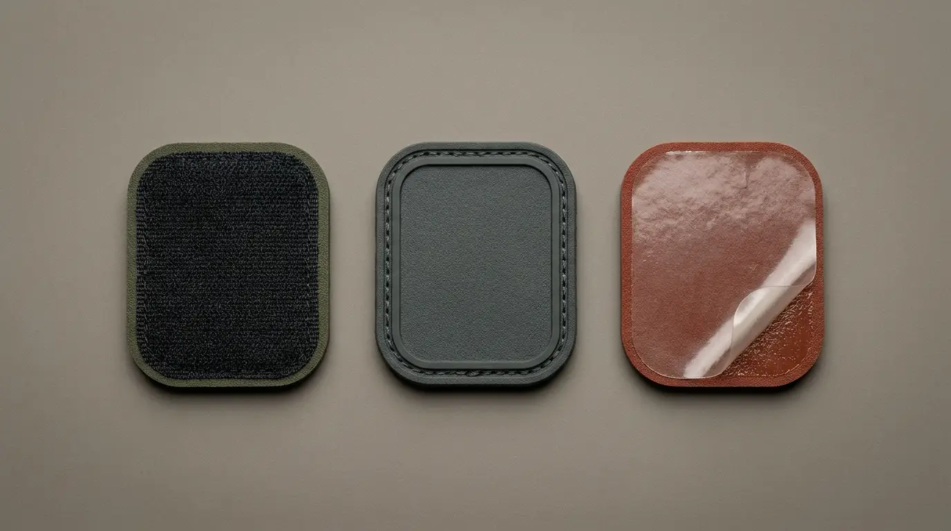 Three PVC patch backing options shown from the reverse: hook-and-loop, sew-on and adhesive